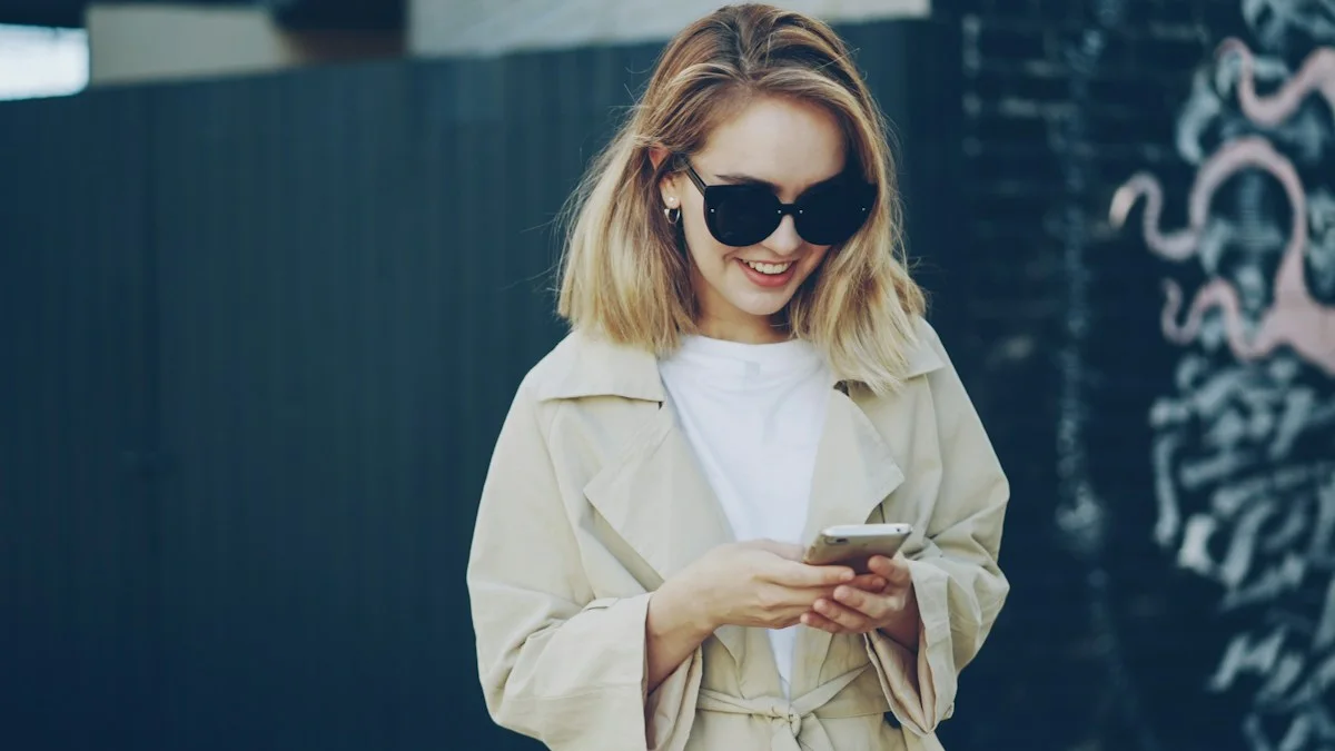 Женщина читает сообщение на смартфоне